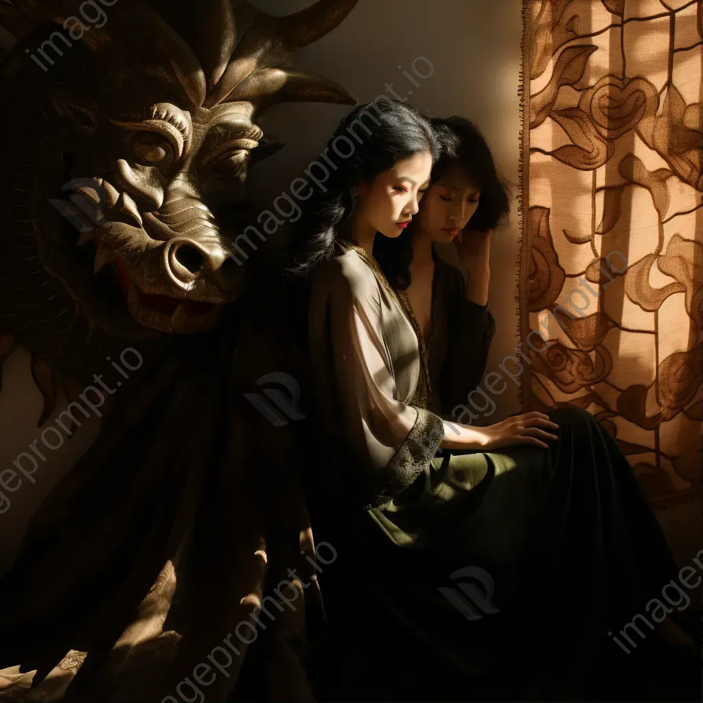 Figures in shadows whispering a plot against a Chinese dragon tapestry backdrop - Image 1