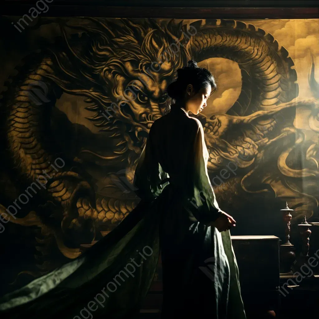 Figures in shadows whispering a plot against a Chinese dragon tapestry backdrop - Image 3