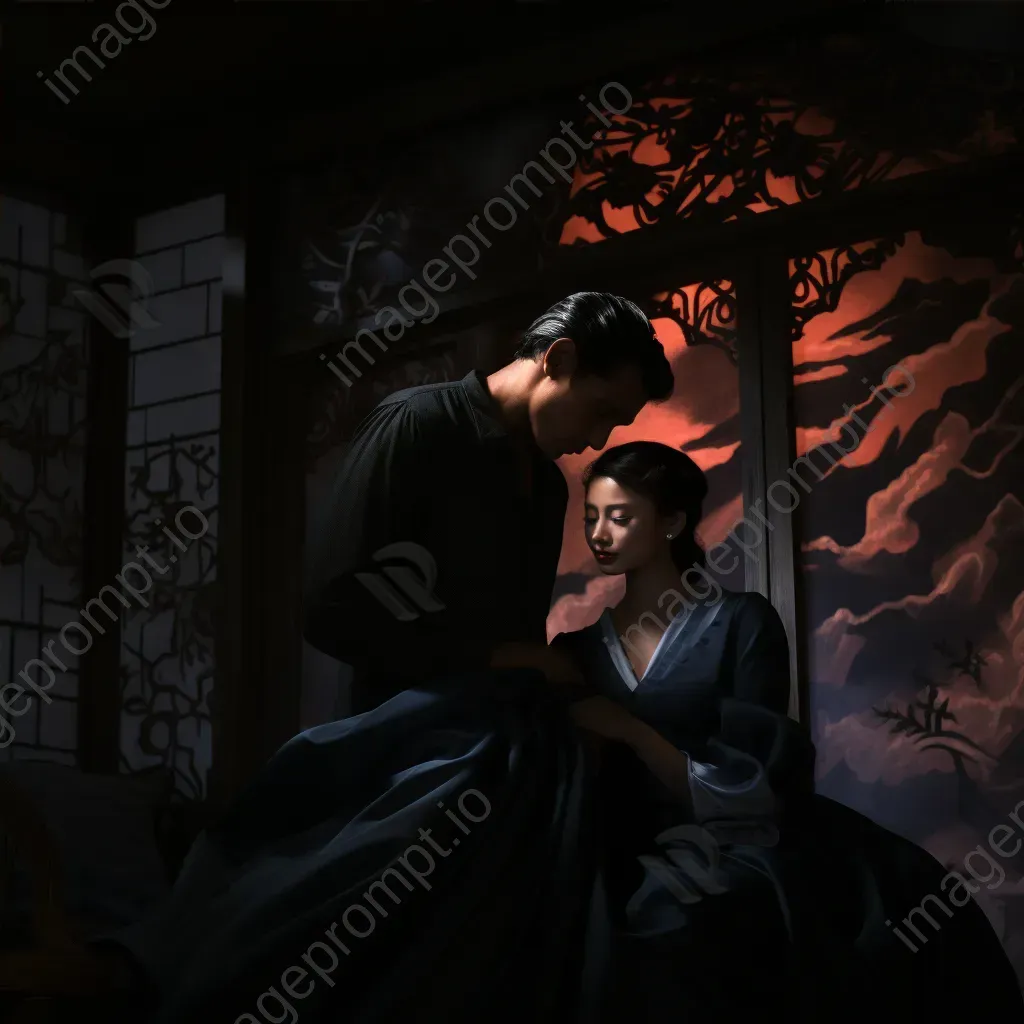 Figures in shadows whispering a plot against a Chinese dragon tapestry backdrop - Image 4