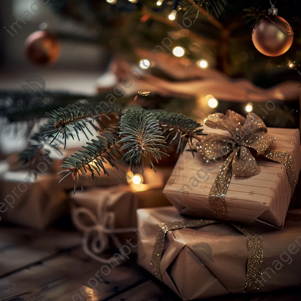 Well-wrapped holiday gifts placed under a Christmas tree. - Image 1