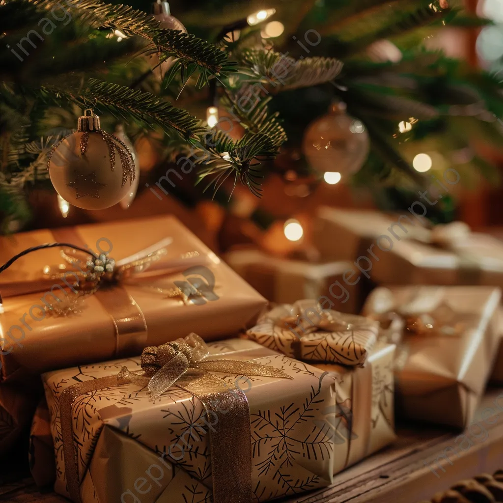 Well-wrapped holiday gifts placed under a Christmas tree. - Image 2