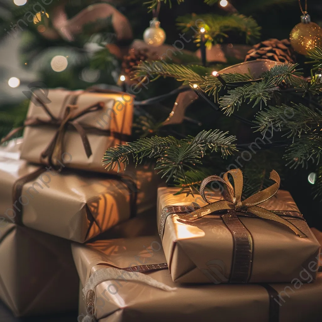 Well-wrapped holiday gifts placed under a Christmas tree. - Image 3