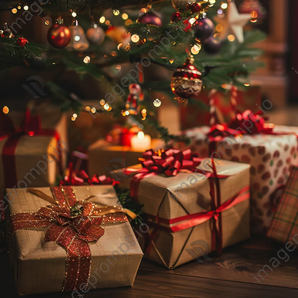 Well-wrapped holiday gifts placed under a Christmas tree. - Image 4