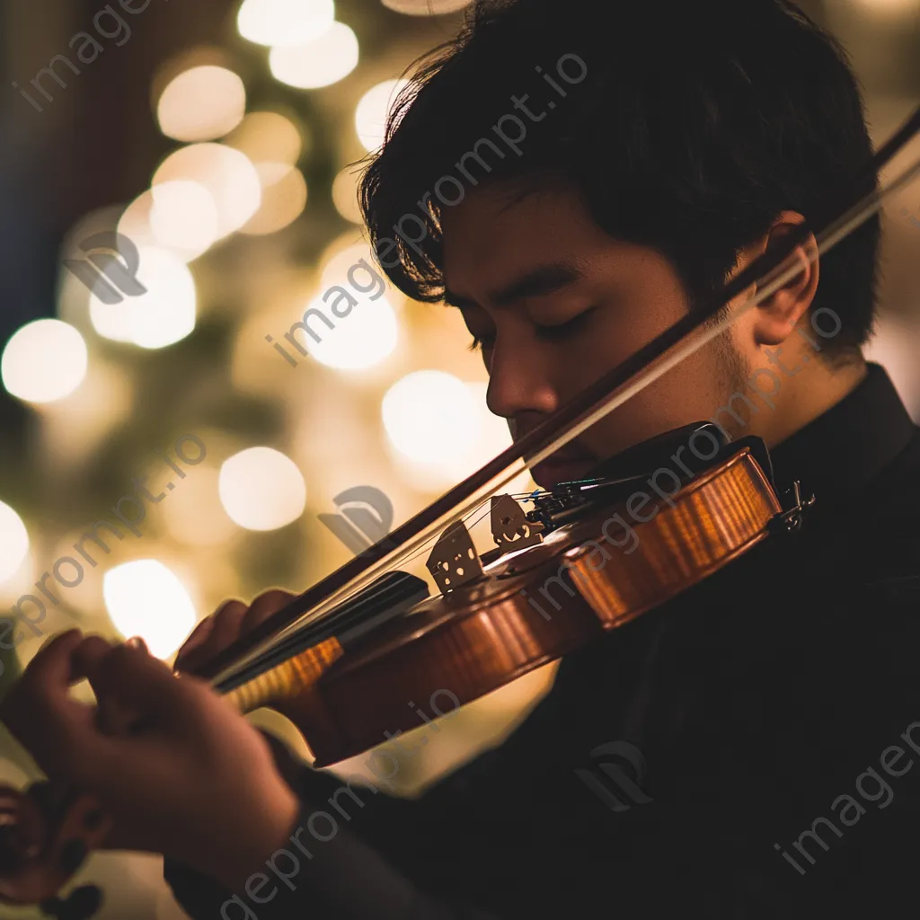 Violinist playing softly under ambient lighting during a performance. - Image 2