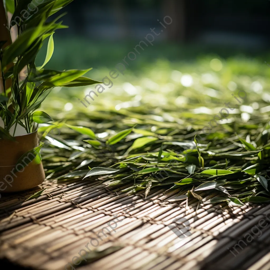 Fresh tea leaves drying on a bamboo mat - Image 1