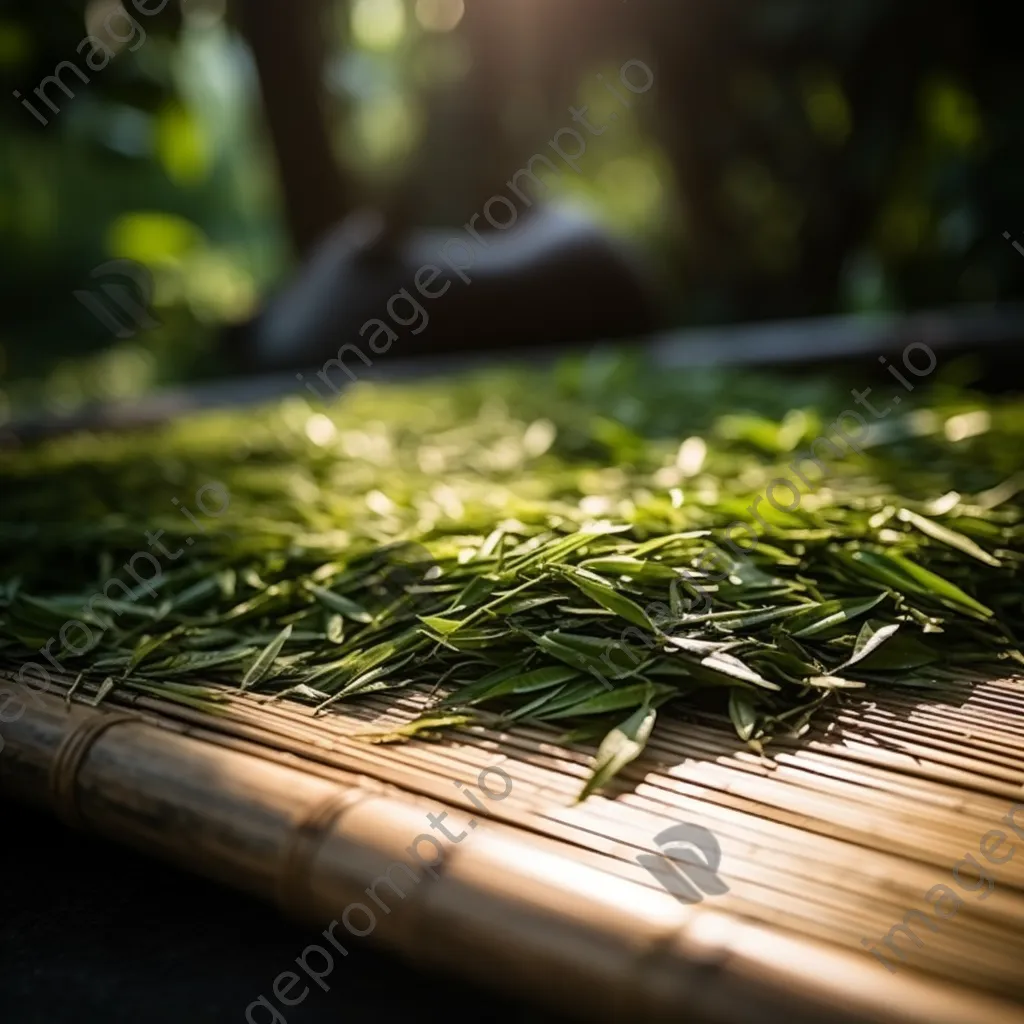 Fresh tea leaves drying on a bamboo mat - Image 2