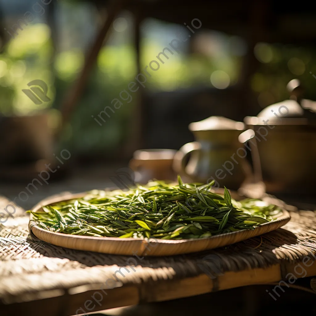 Fresh tea leaves drying on a bamboo mat - Image 3