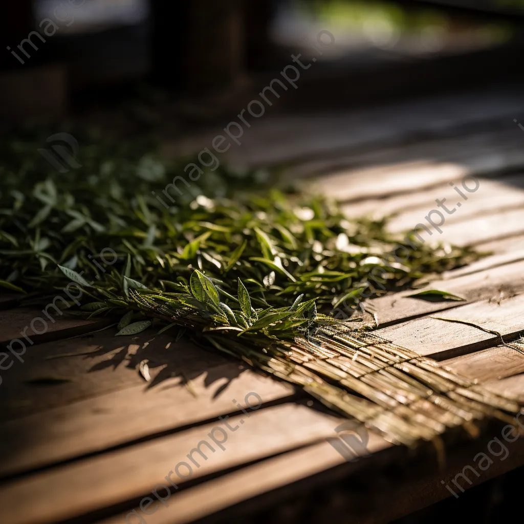 Fresh tea leaves drying on a bamboo mat - Image 4