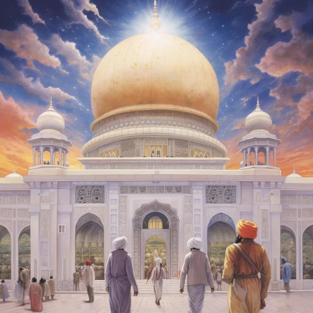 Peaceful Sikh gurdwara with golden dome and worshippers in colorful turbans - Image 1