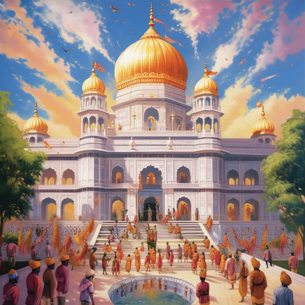 Peaceful Sikh gurdwara with golden dome and worshippers in colorful turbans - Image 3