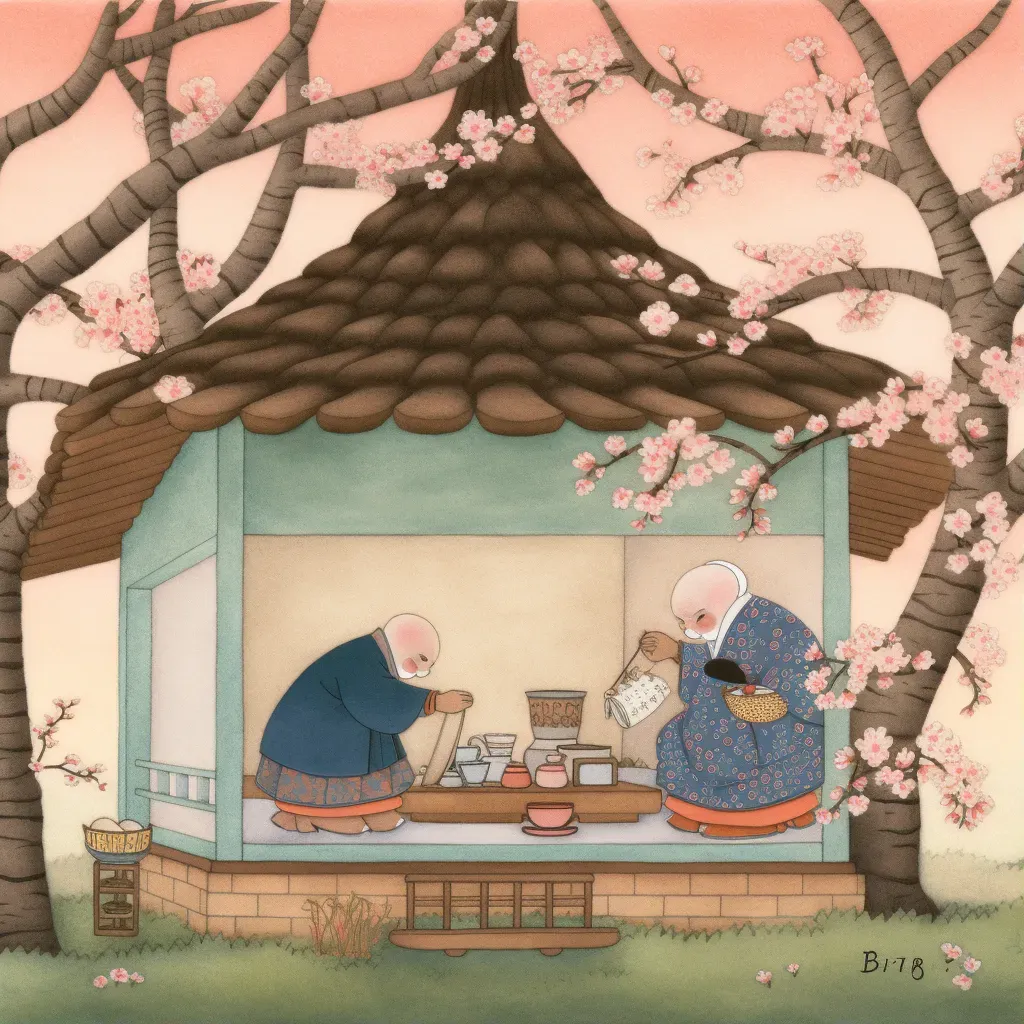 Illustration of a traditional Japanese tea ceremony in a peaceful garden with cherry blossoms in full bloom - Image 1