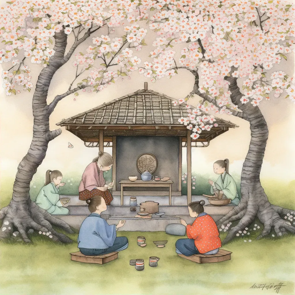 Illustration of a traditional Japanese tea ceremony in a peaceful garden with cherry blossoms in full bloom - Image 2