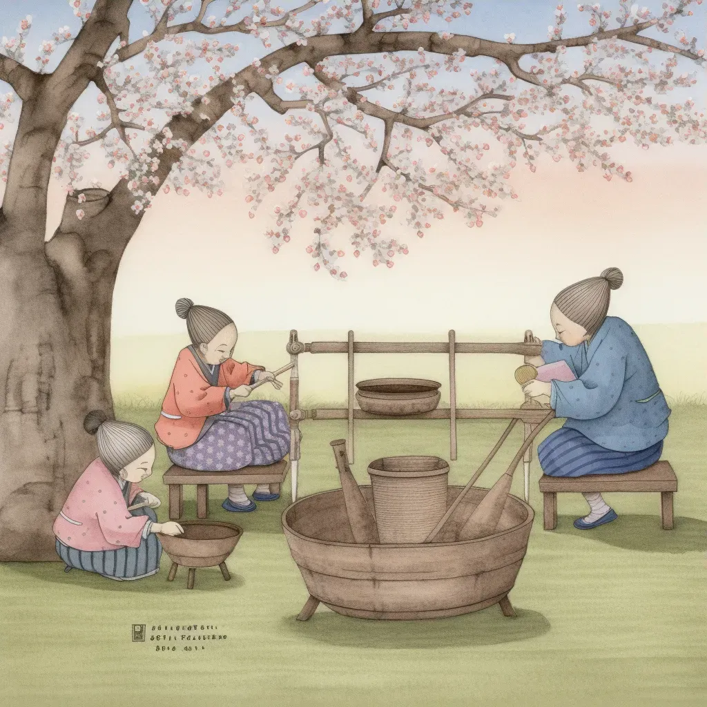 Illustration of a traditional Japanese tea ceremony in a peaceful garden with cherry blossoms in full bloom - Image 3