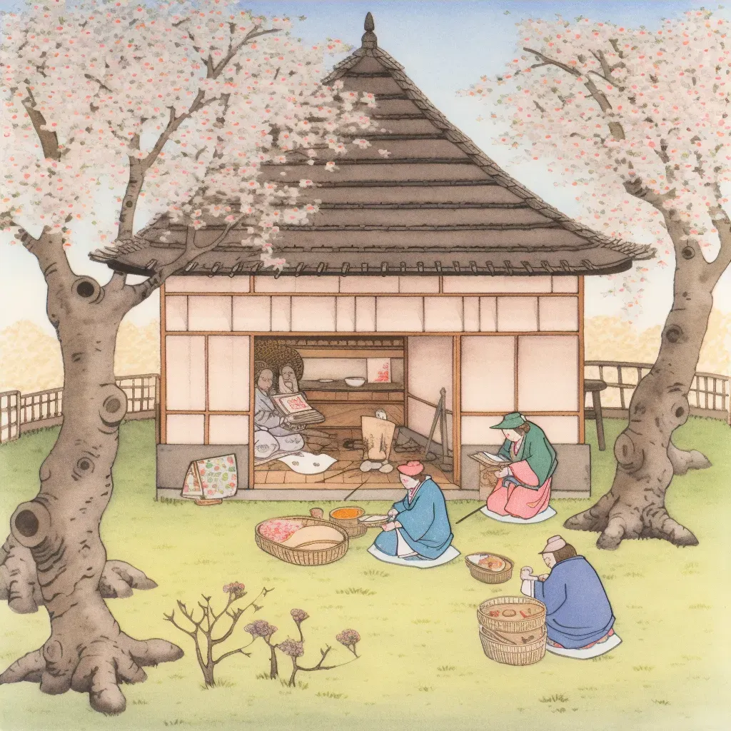 Illustration of a traditional Japanese tea ceremony in a peaceful garden with cherry blossoms in full bloom - Image 4