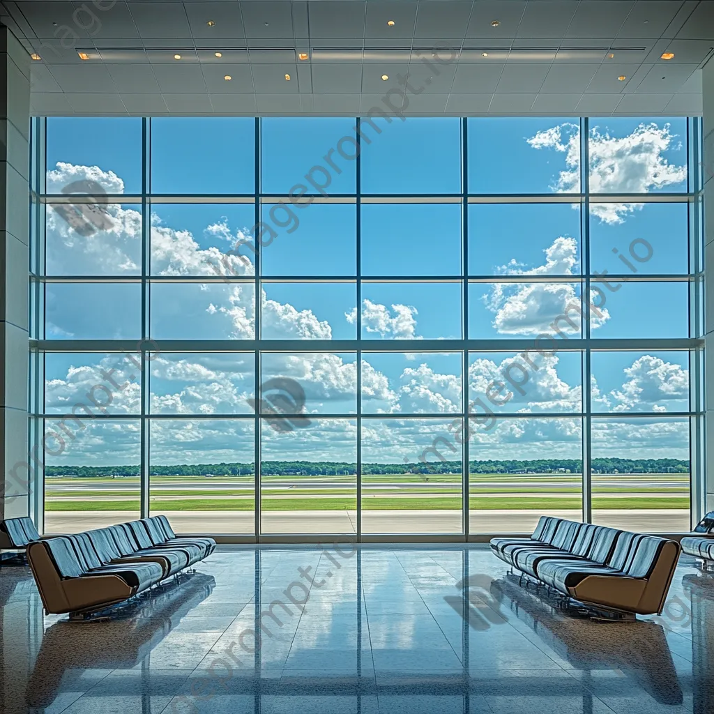 Empty airport lounge with large windows and runway views - Image 1