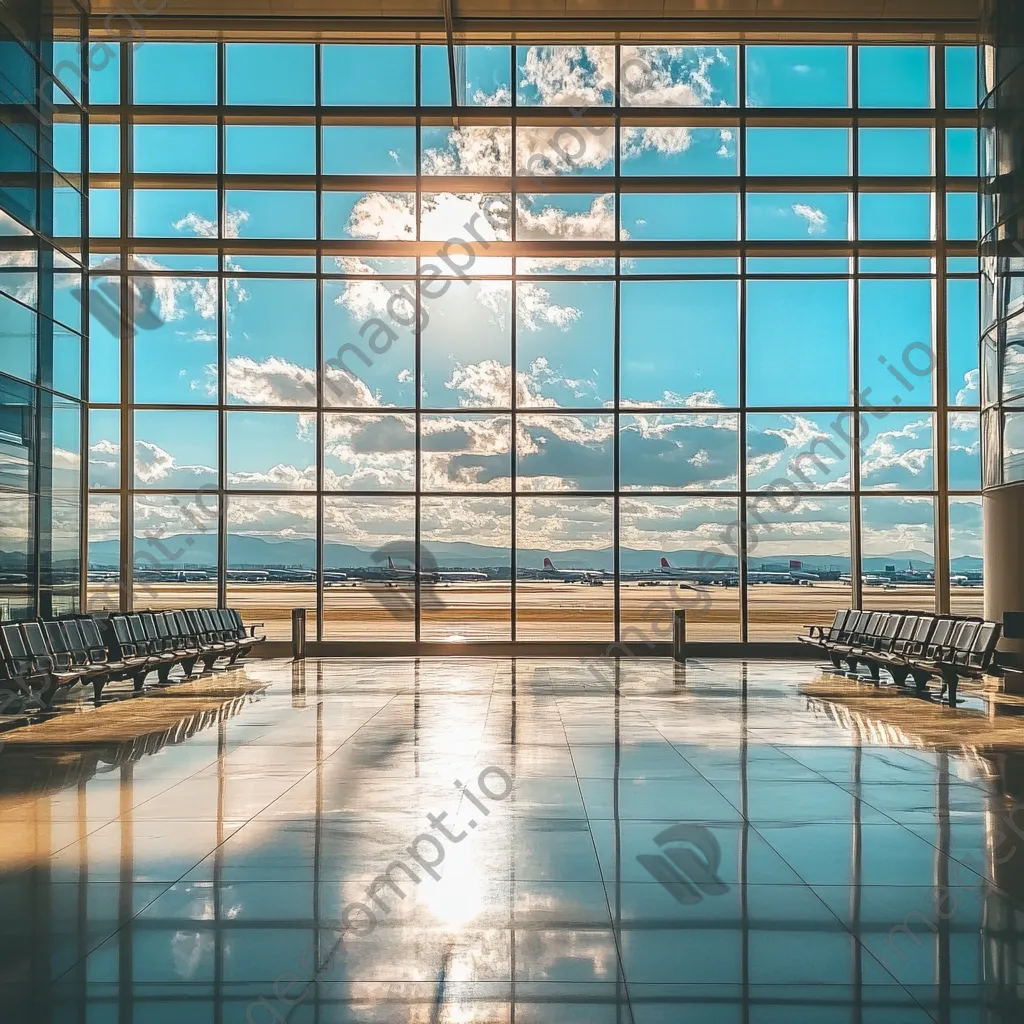 Empty airport lounge with large windows and runway views - Image 4