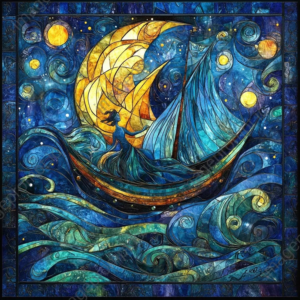 Stained glass artwork of the enchanting Dreamweaver weaving dreams into twilight colors - Image 1