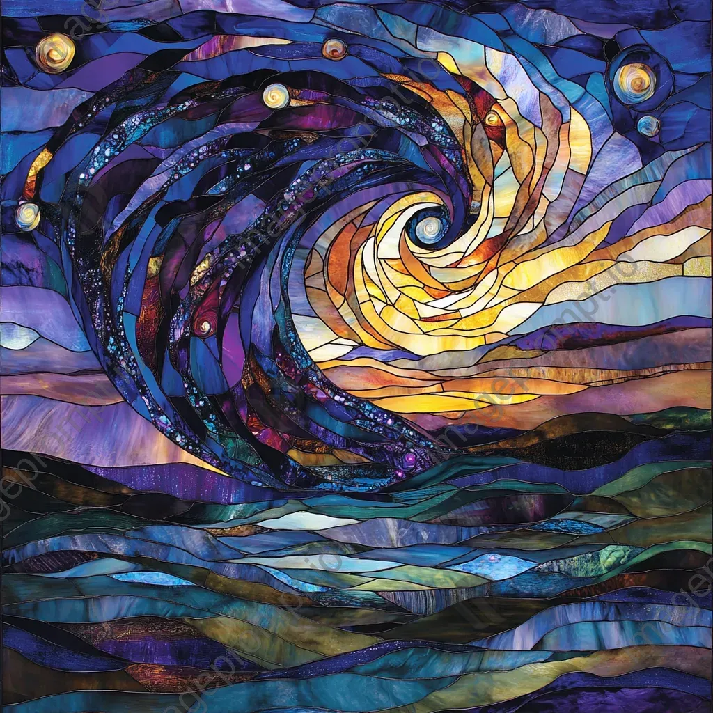 Stained glass artwork of the enchanting Dreamweaver weaving dreams into twilight colors - Image 2