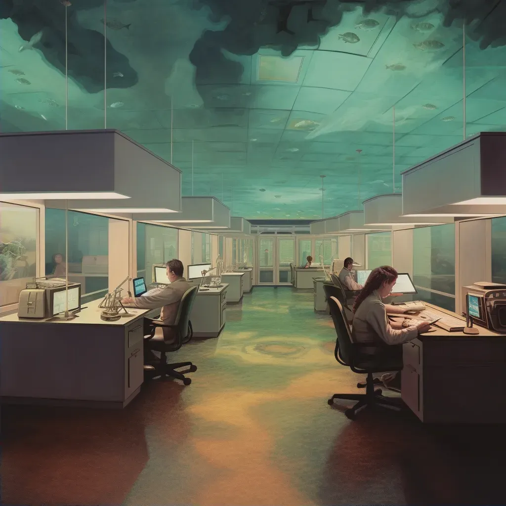 Image of a 1960s-style office space with floating desks and holographic computers - Image 2