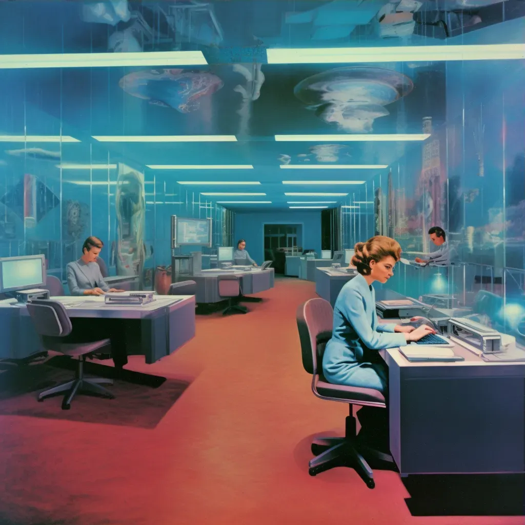 1960s-Style Office Space with Floating Desks and Holographic Computers