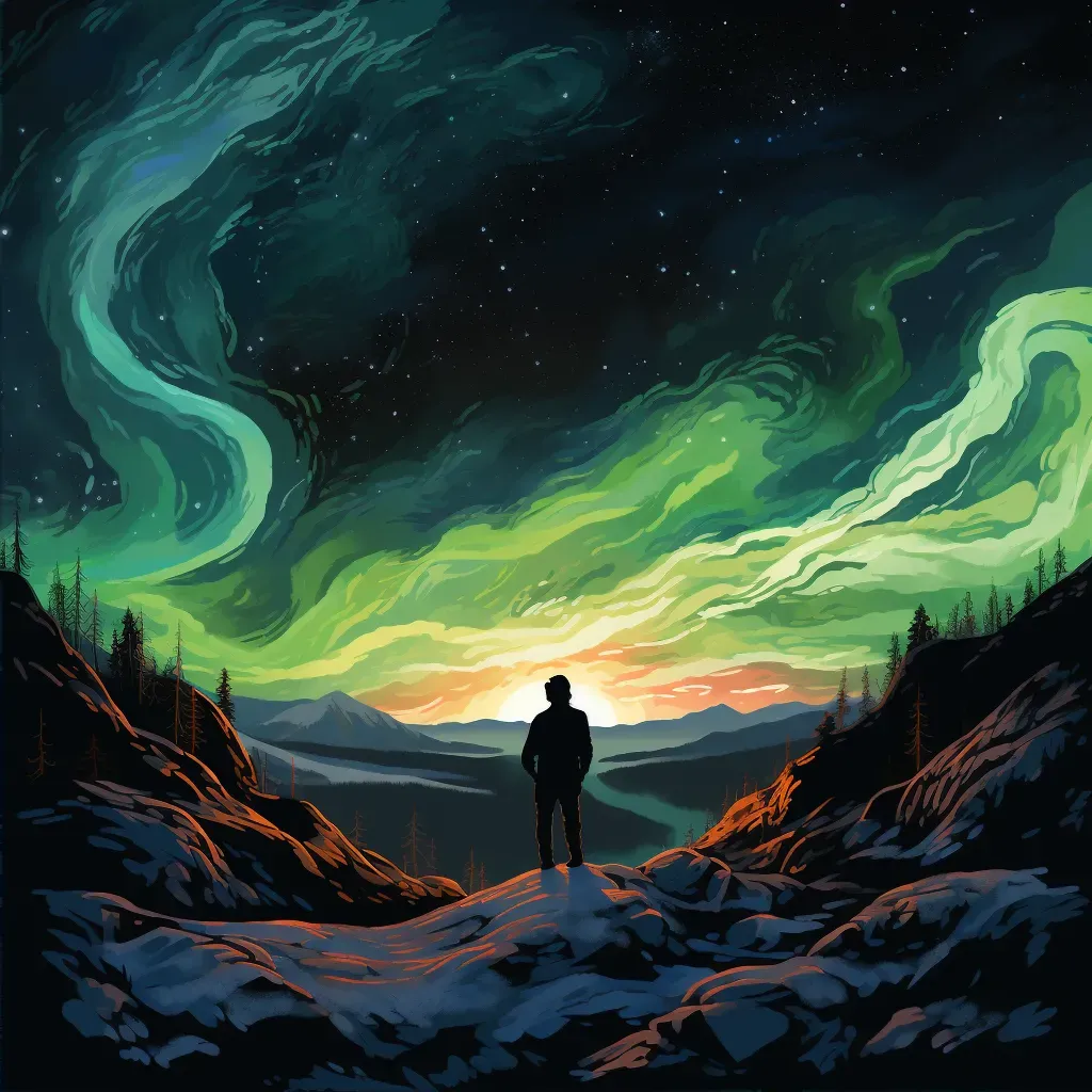 Figure on mountaintop looking at Northern Lights in sky - Image 2