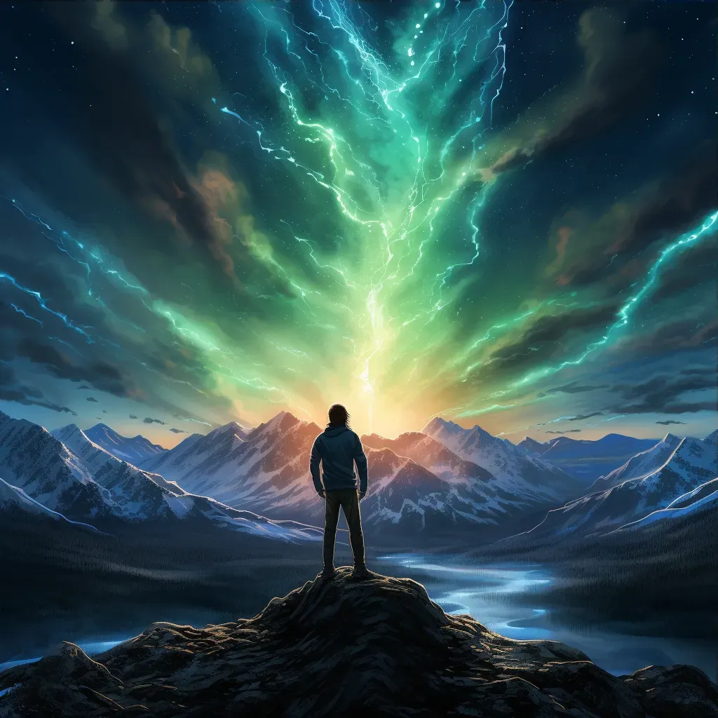 Figure on mountaintop looking at Northern Lights in sky - Image 3