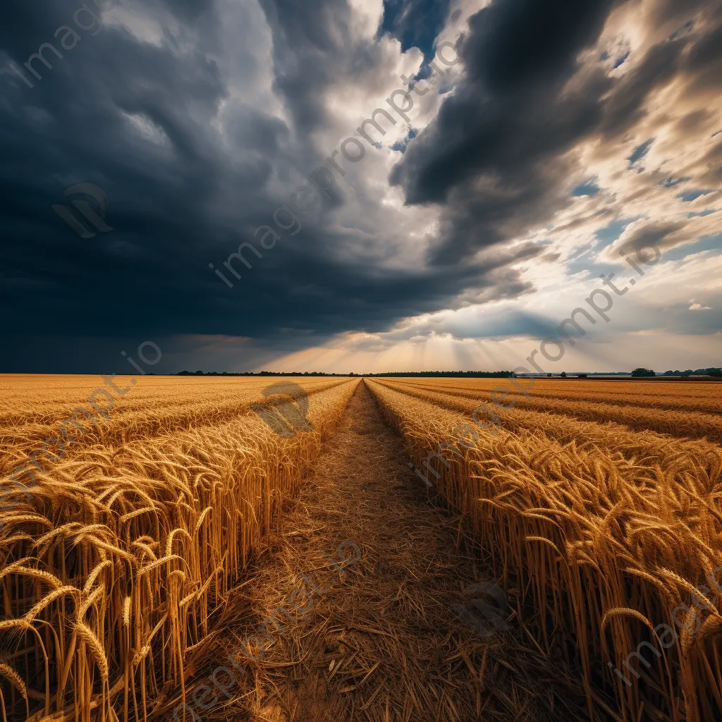 Mature grain field under looming dramatic clouds, ready for harvest - Image 1