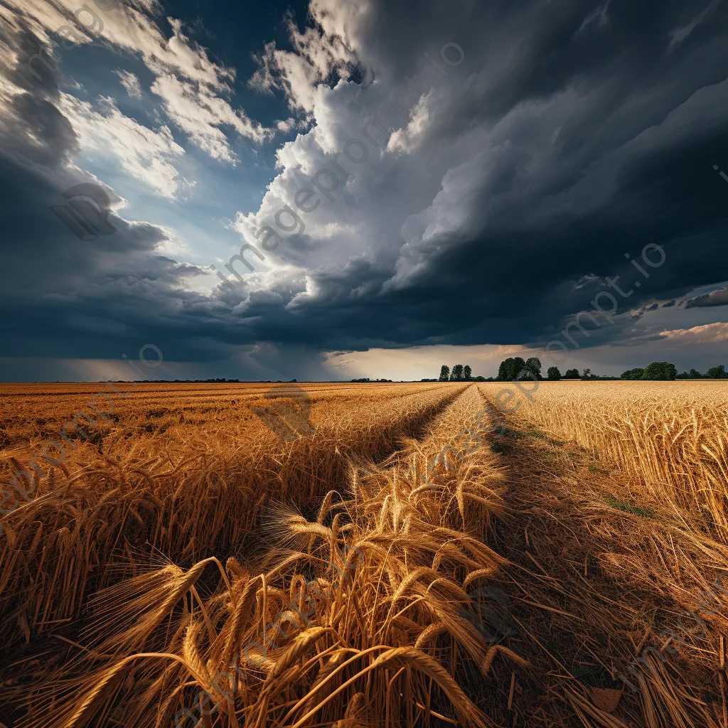 Mature grain field under looming dramatic clouds, ready for harvest - Image 2