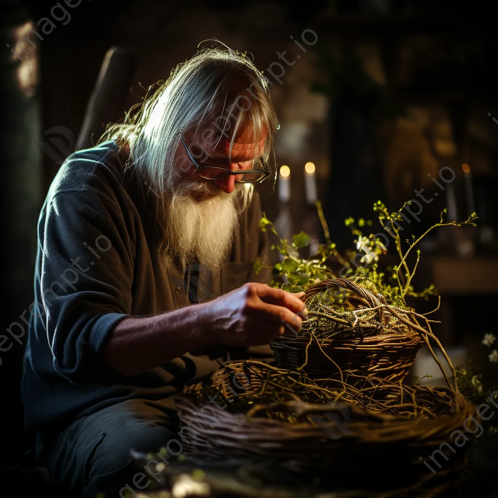 Artisan weaving basket from hedgerow materials in workshop - Image 1