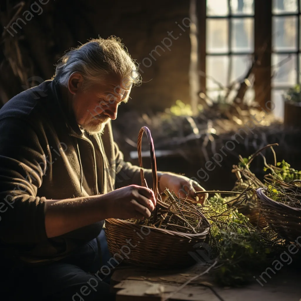 Artisan weaving basket from hedgerow materials in workshop - Image 2