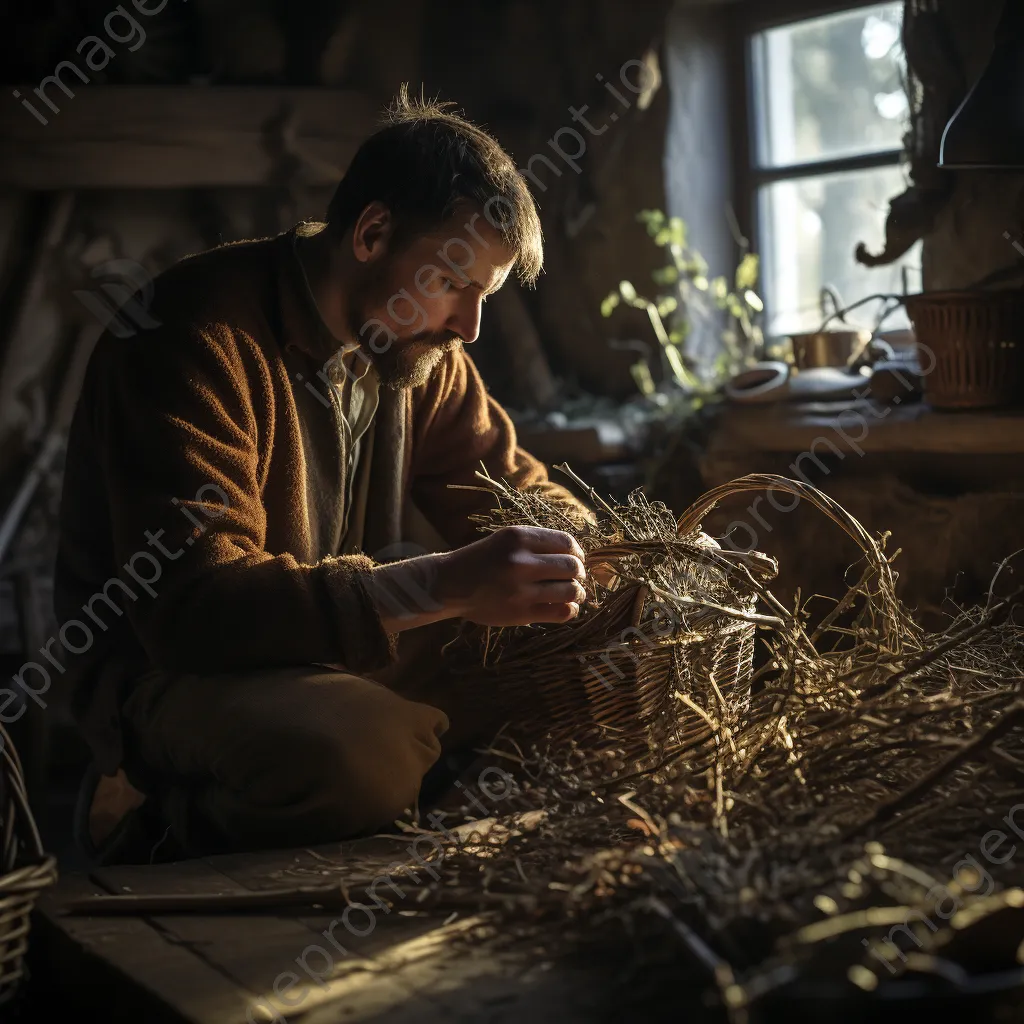 Artisan weaving basket from hedgerow materials in workshop - Image 4