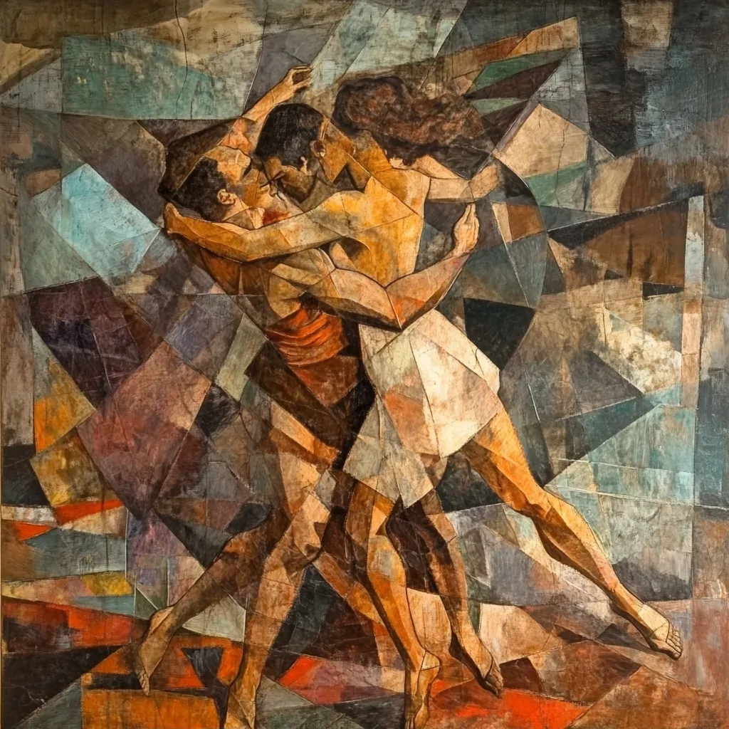 Cubist style painting of dancers in a passionate tango symbolizing intense emotions - Image 1