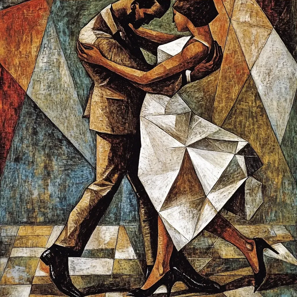 Cubist style painting of dancers in a passionate tango symbolizing intense emotions - Image 3