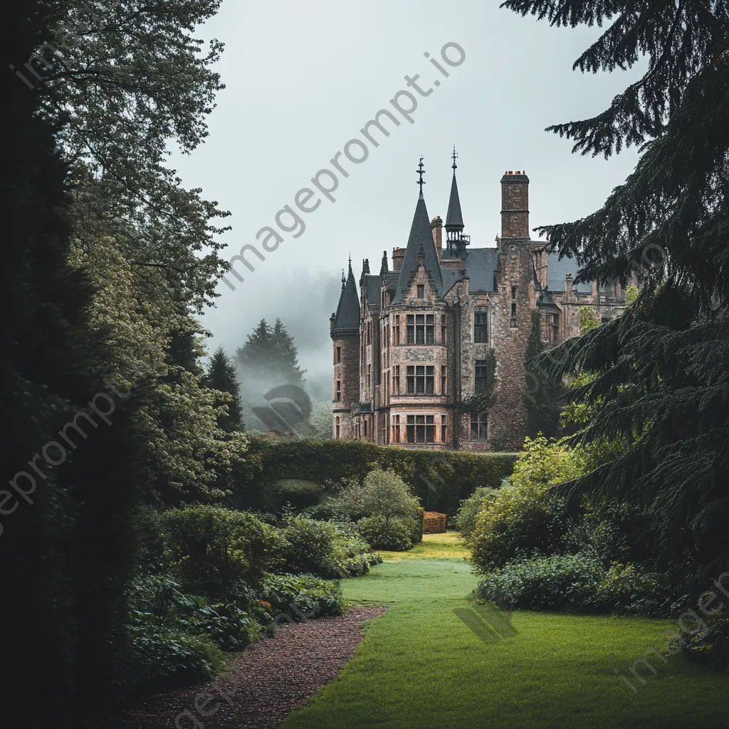 Misty castle surrounded by gardens - Image 2