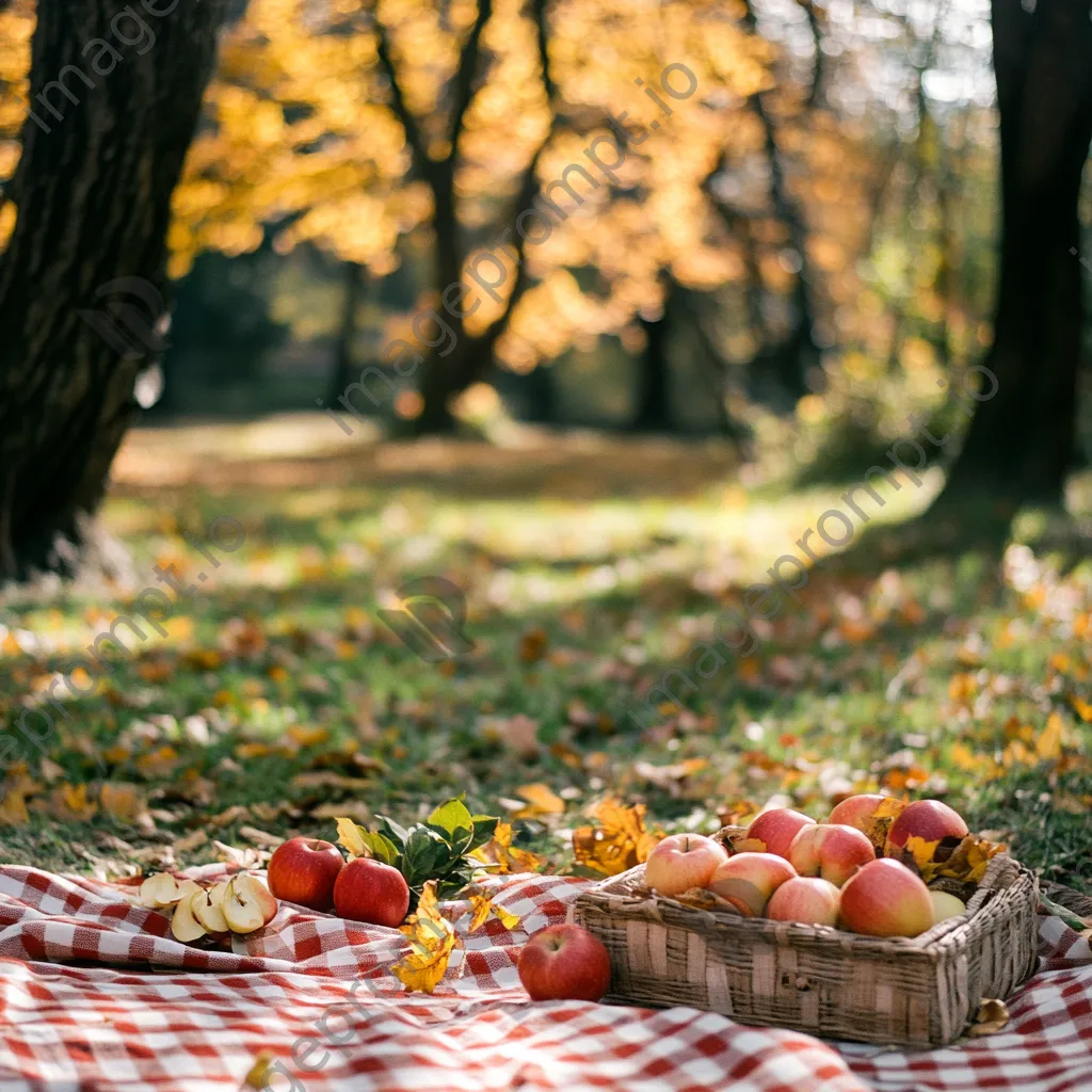 Outdoor picnic with a checkered blanket, apples, and autumn leaves - Image 1