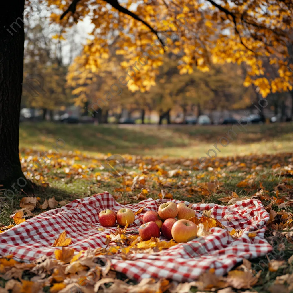 Outdoor picnic with a checkered blanket, apples, and autumn leaves - Image 4