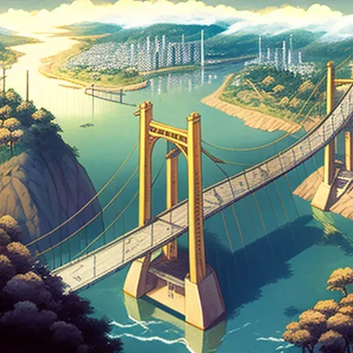 Suspension bridge over wide river with city buildings - Image 3