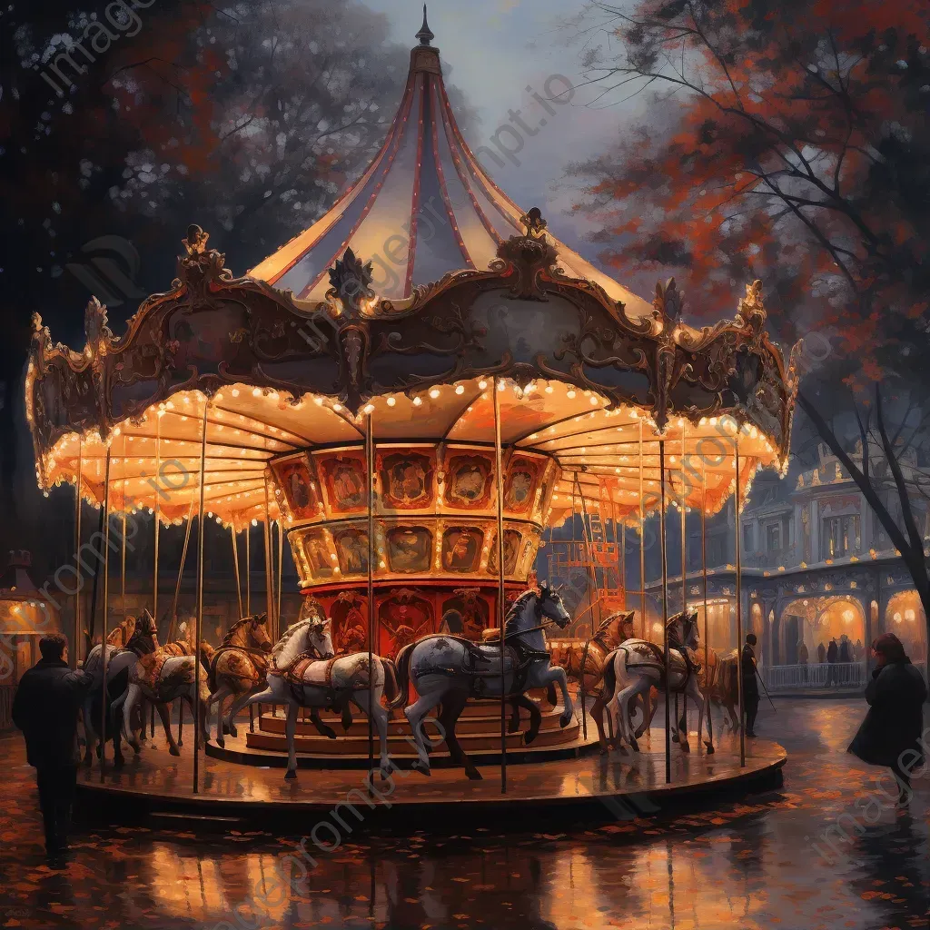 Detailed vintage carousel under twilight painted on canvas - Image 1