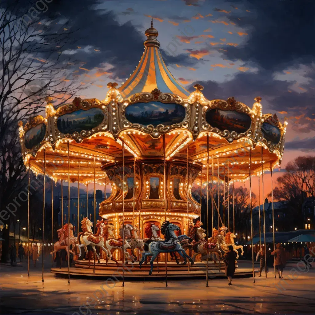 Detailed vintage carousel under twilight painted on canvas - Image 2