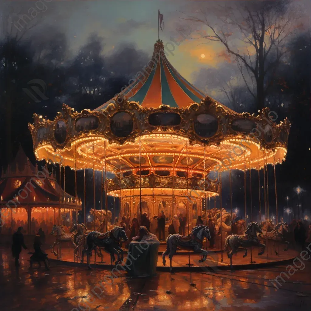 Detailed vintage carousel under twilight painted on canvas - Image 3