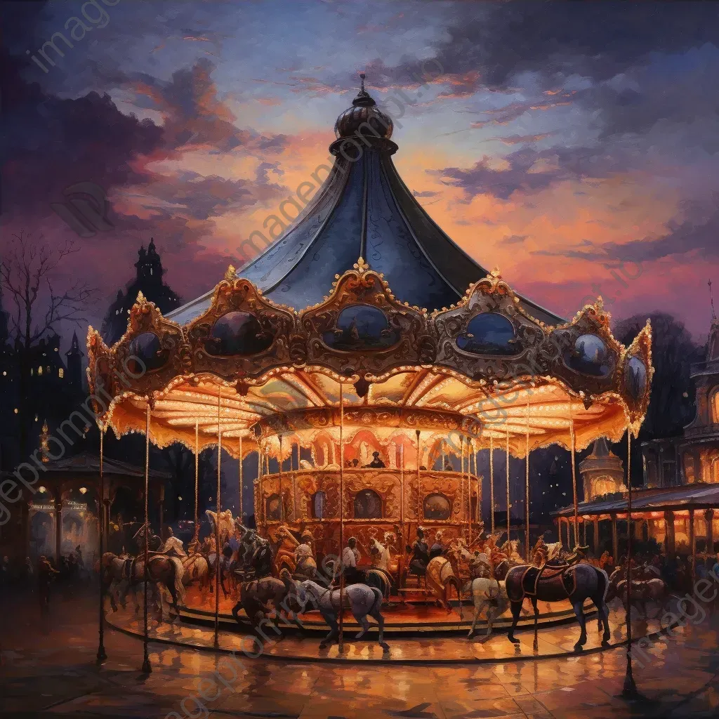 Detailed vintage carousel under twilight painted on canvas - Image 4