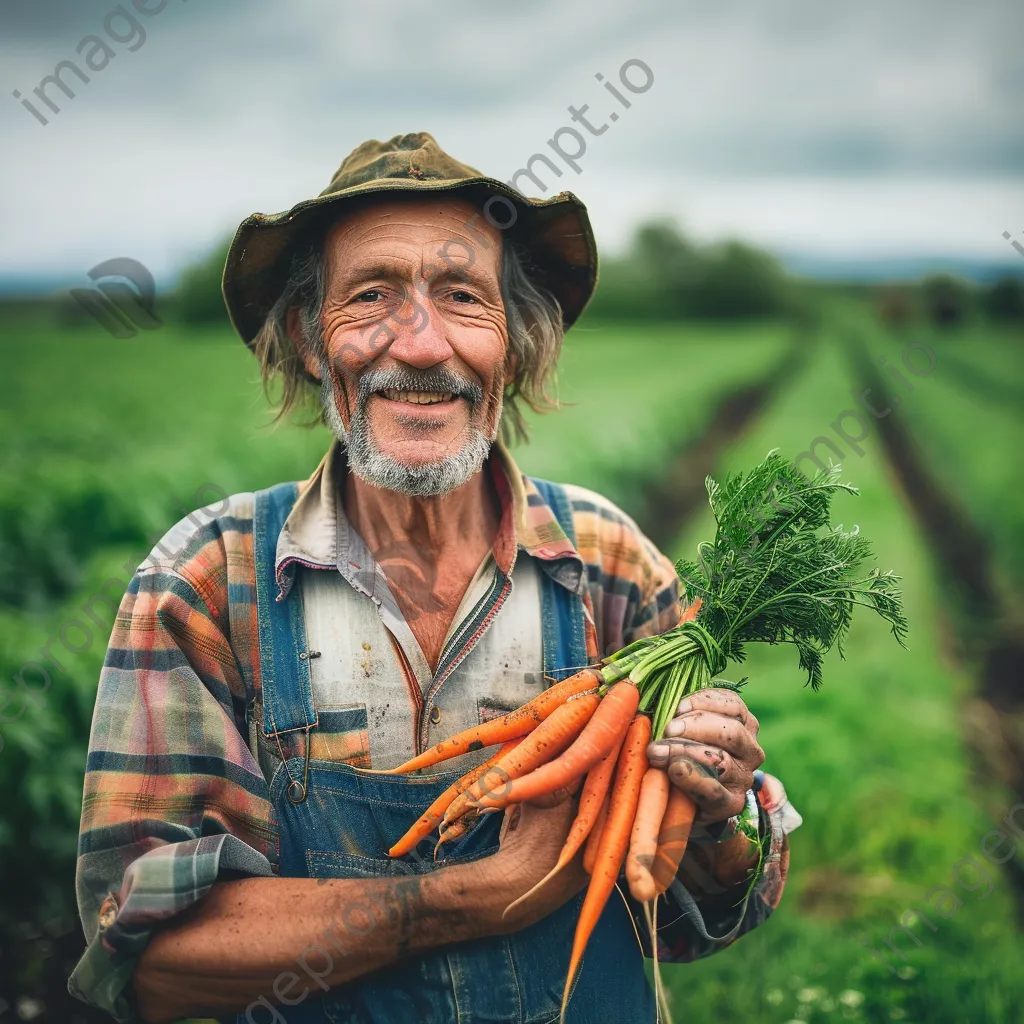 Farmer holding organic carrots in green field. - Image 1