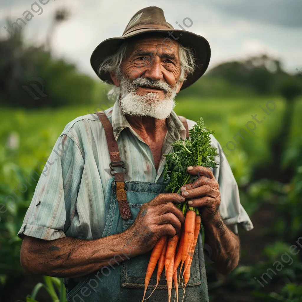 Farmer holding organic carrots in green field. - Image 2