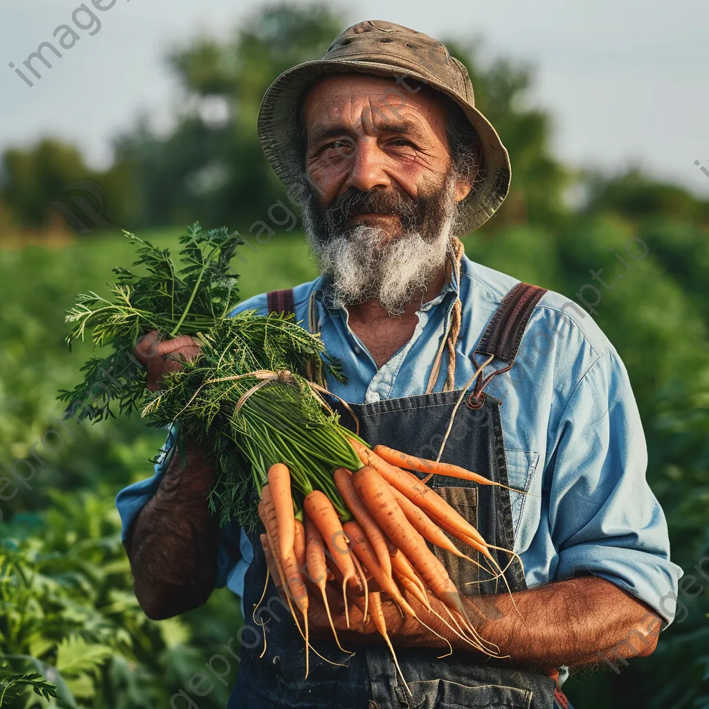 Farmer holding organic carrots in green field. - Image 3