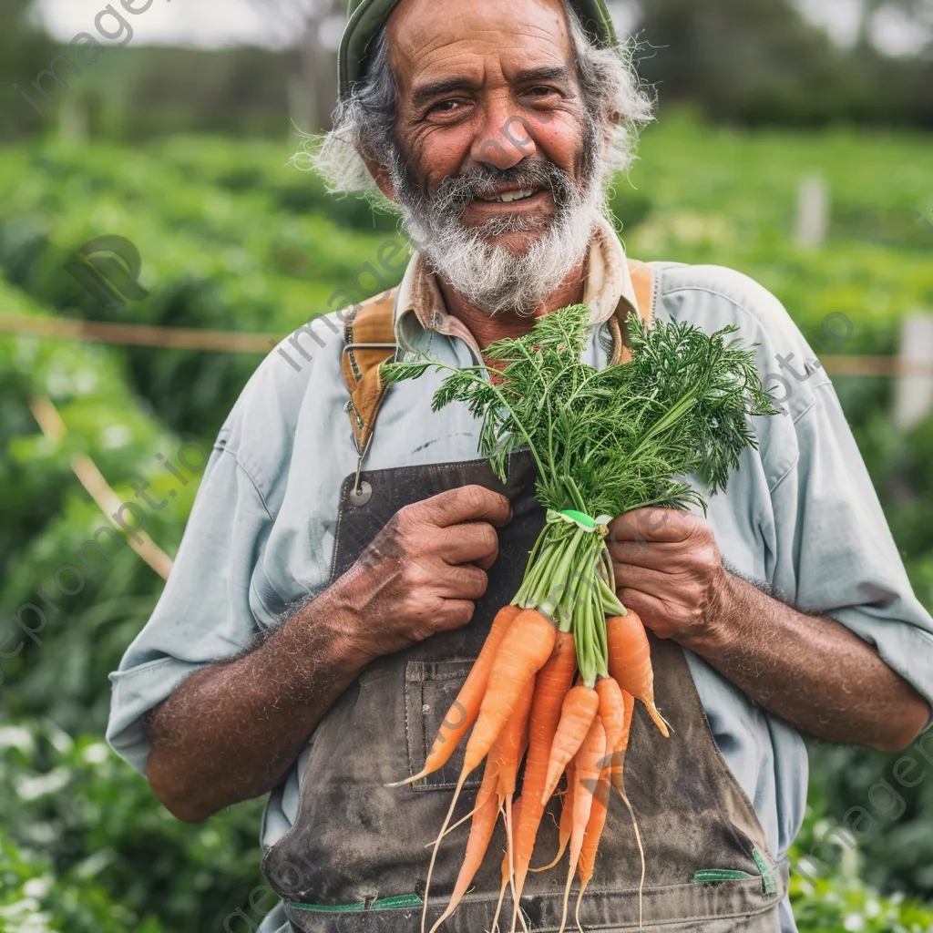 Farmer holding organic carrots in green field. - Image 4