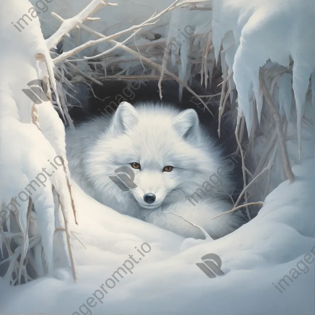 Tenebristic depiction of an arctic fox curled up in a frosty winter landscape - Image 1