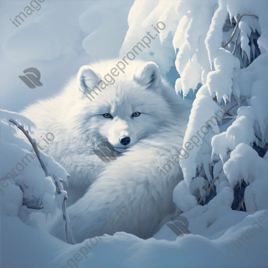 Tenebristic depiction of an arctic fox curled up in a frosty winter landscape - Image 2