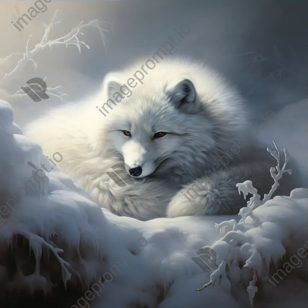 Tenebristic depiction of an arctic fox curled up in a frosty winter landscape - Image 3