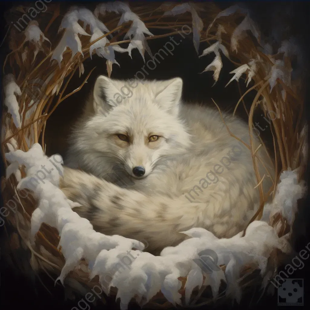 Tenebristic depiction of an arctic fox curled up in a frosty winter landscape - Image 4