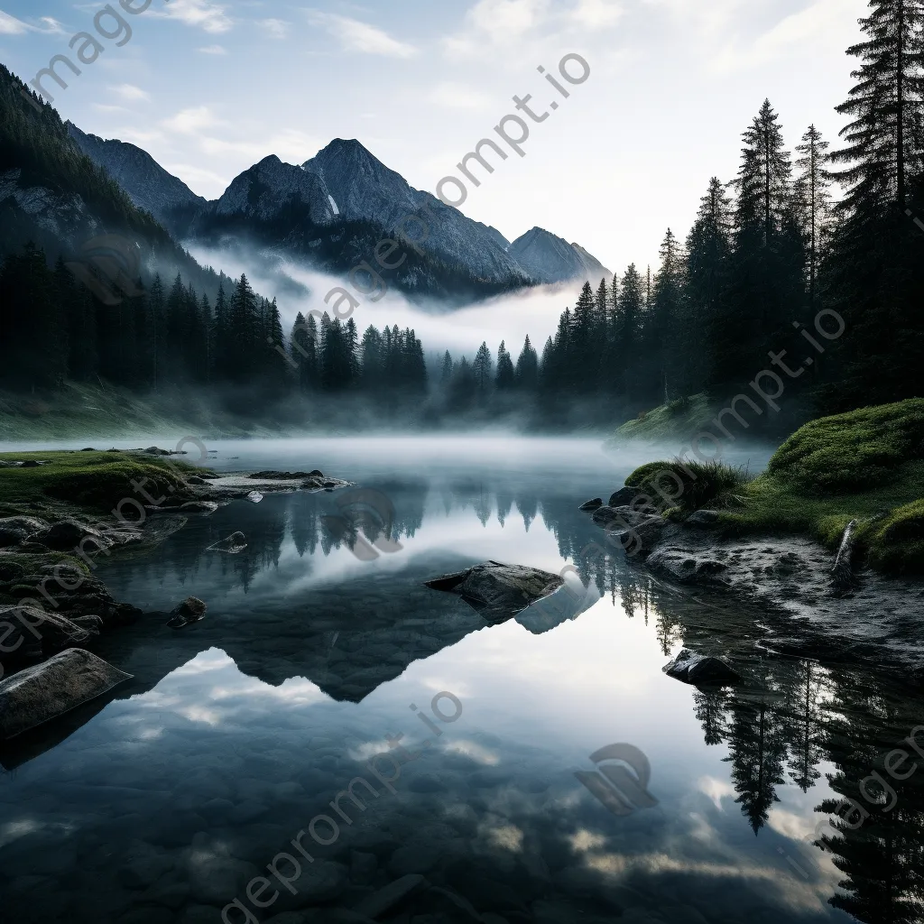 Misty alpine lake at dawn with fog and mountains - Image 1